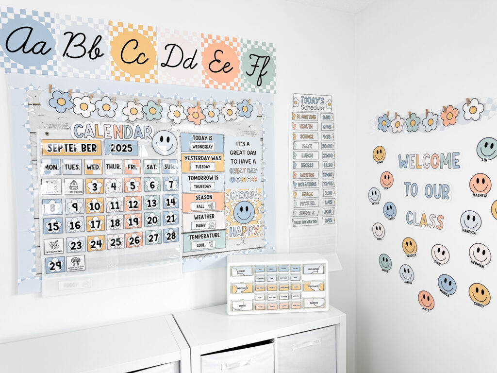 boho classroom decor showing tons of resource from the boho classroom decor bundle like calendar, posters, teacher toolbox, welcome door decor, schedule, and alphabet posters