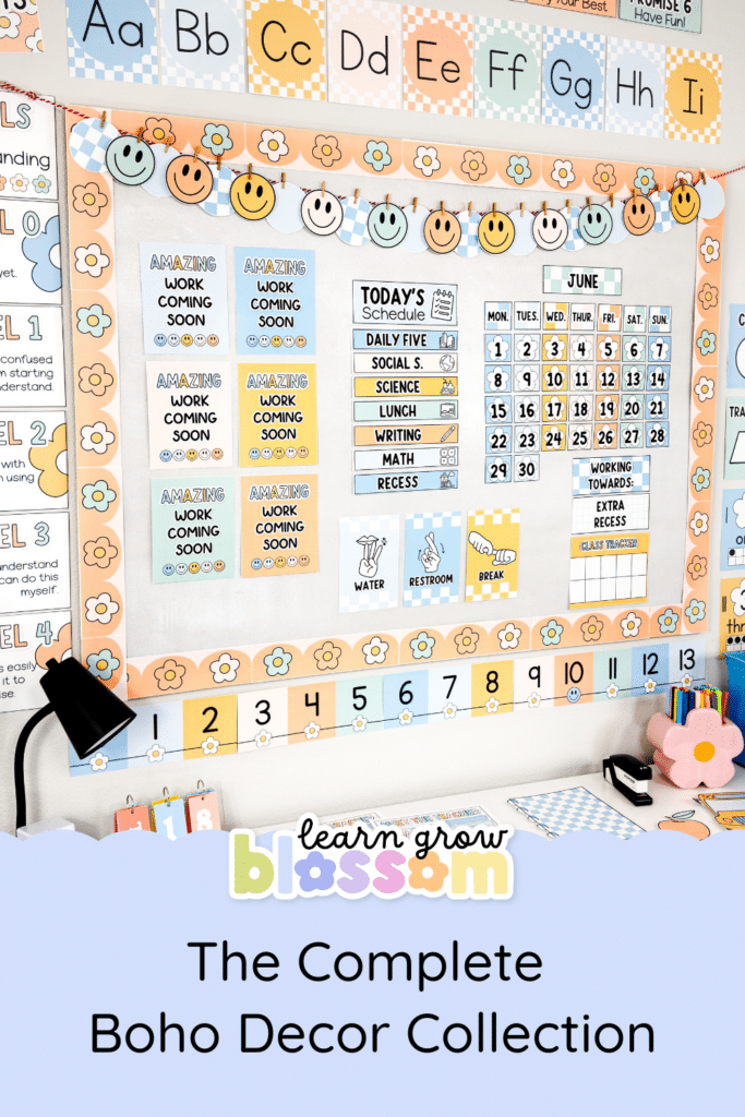 Pin title reads "The complete boho decor collection" showing a photo of the boho classroom decor with resources like posters, calendar, banner, number line, alphabet posters, etc