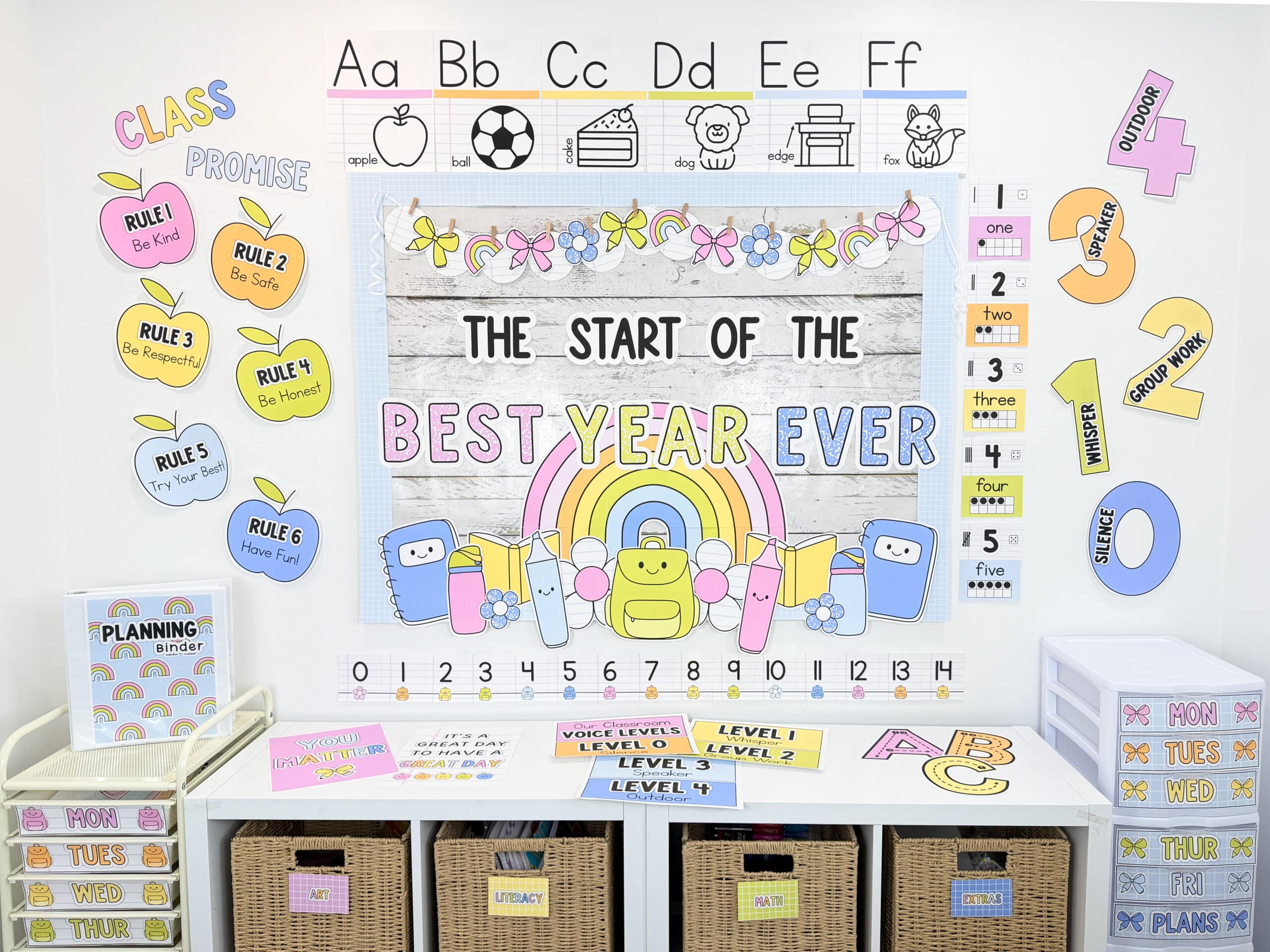 Pin title reads The Preppy Bright Classroom Decor Bundle with a feature photo of the decor bundle showing some of the resources like the bulletin board, class rules posters, alphabet posters, voice level posters, posters, number posters, classroom labels, rolling cart labels, etc