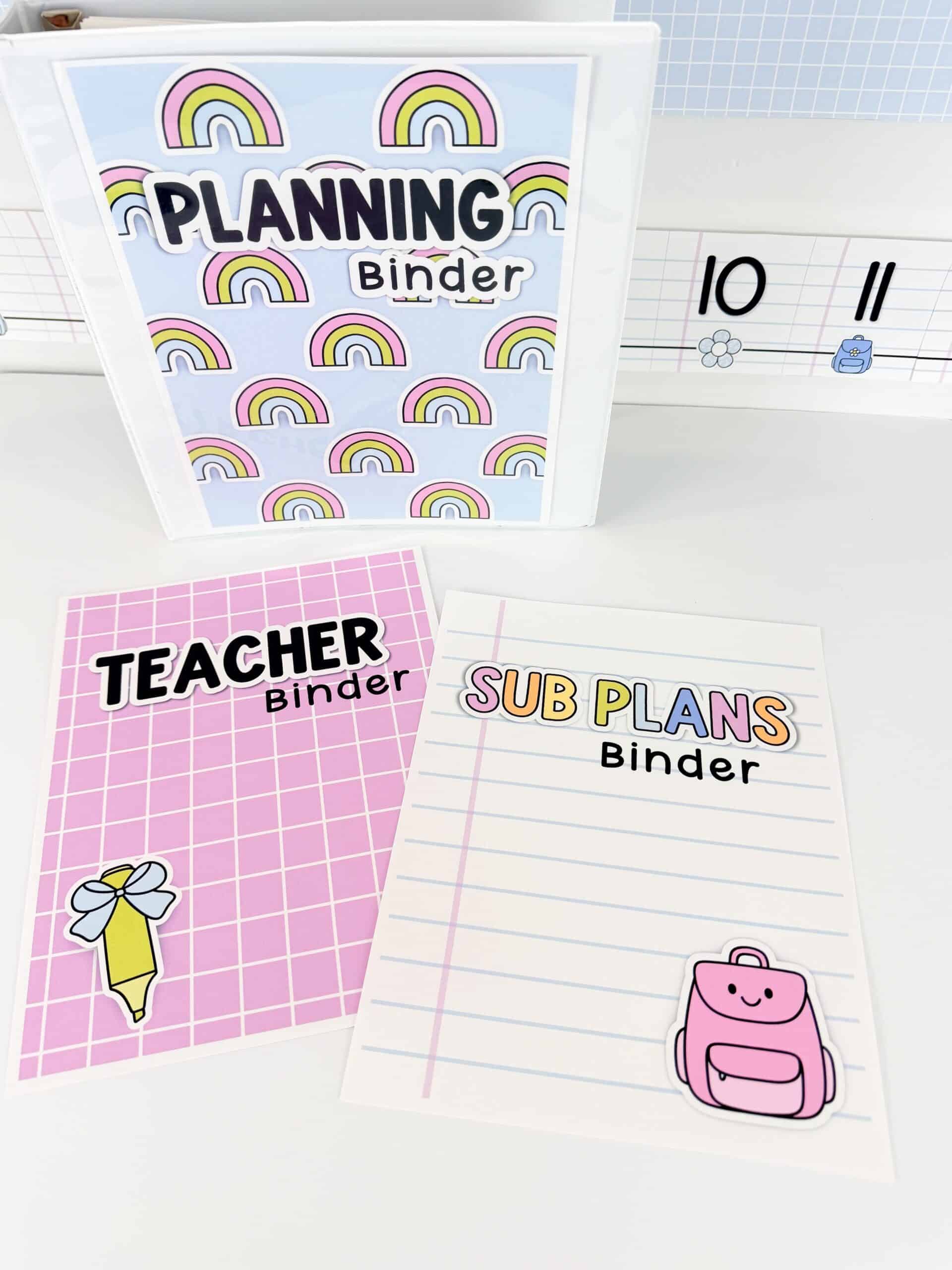 bright classroom decor binder covers featuring a rainbow pattern, pink grid pattern and lined paper pattern with cute school clipart