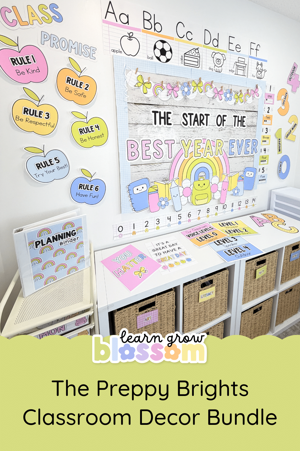 Pin title reads The Preppy Bright Classroom Decor Bundle with a feature photo of the decor bundle showing some of the resources like the bulletin board, class rules posters, alphabet posters, voice level posters, posters, number posters, number line, etc