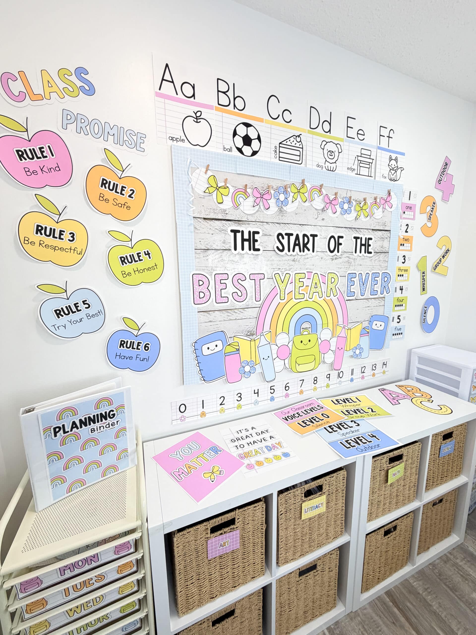 Pin title reads The Preppy Bright Classroom Decor Bundle with a feature photo of the decor bundle showing some of the resources like the bulletin board, class rules posters, alphabet posters, voice level posters, number posters, nnumber line, classroom labels