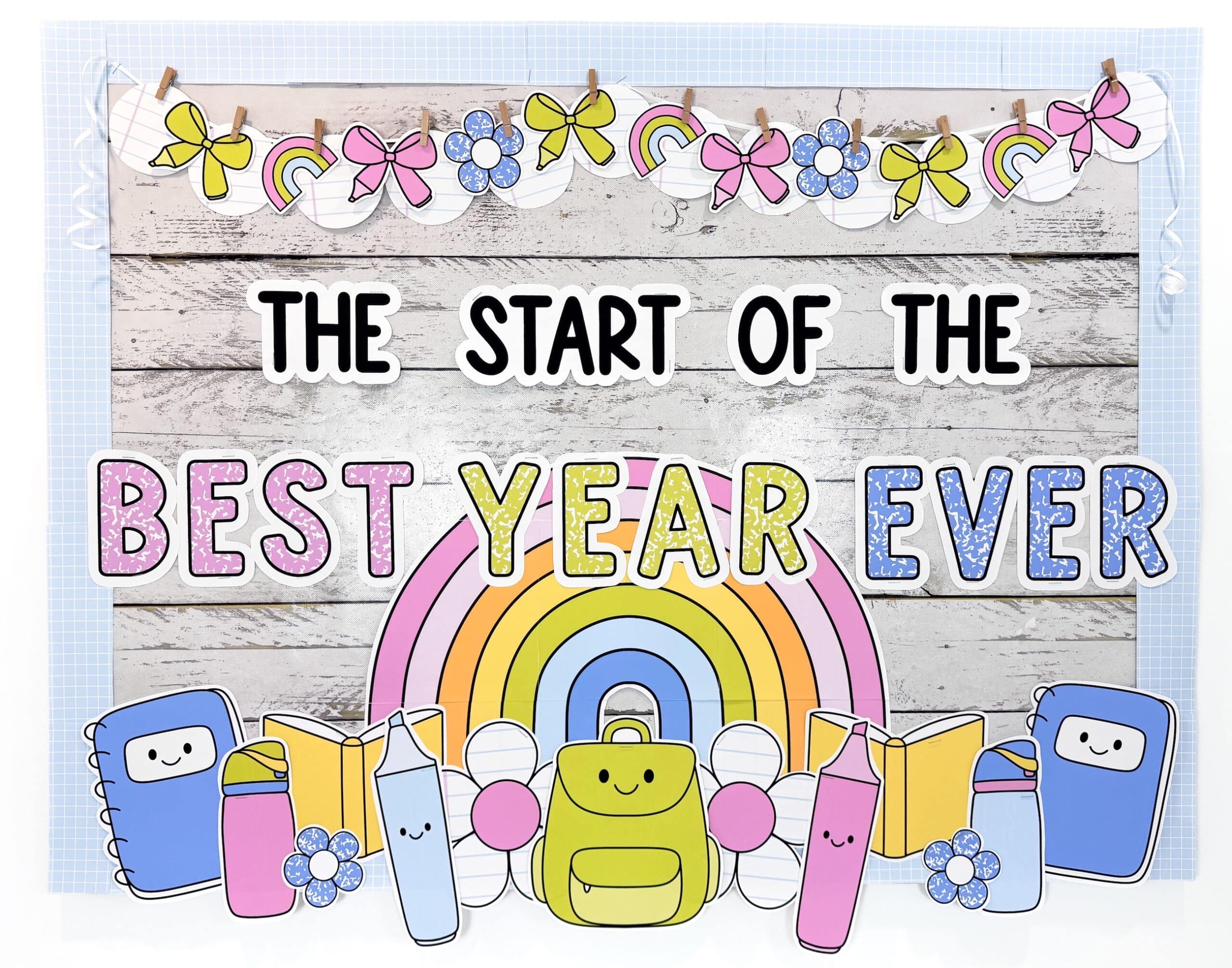 bright classroom decor bulletin board with a backpack, notebooks, highlighters, water bottles, and the bulletin board reads "the start of hte best year ever" with composition notebook letters