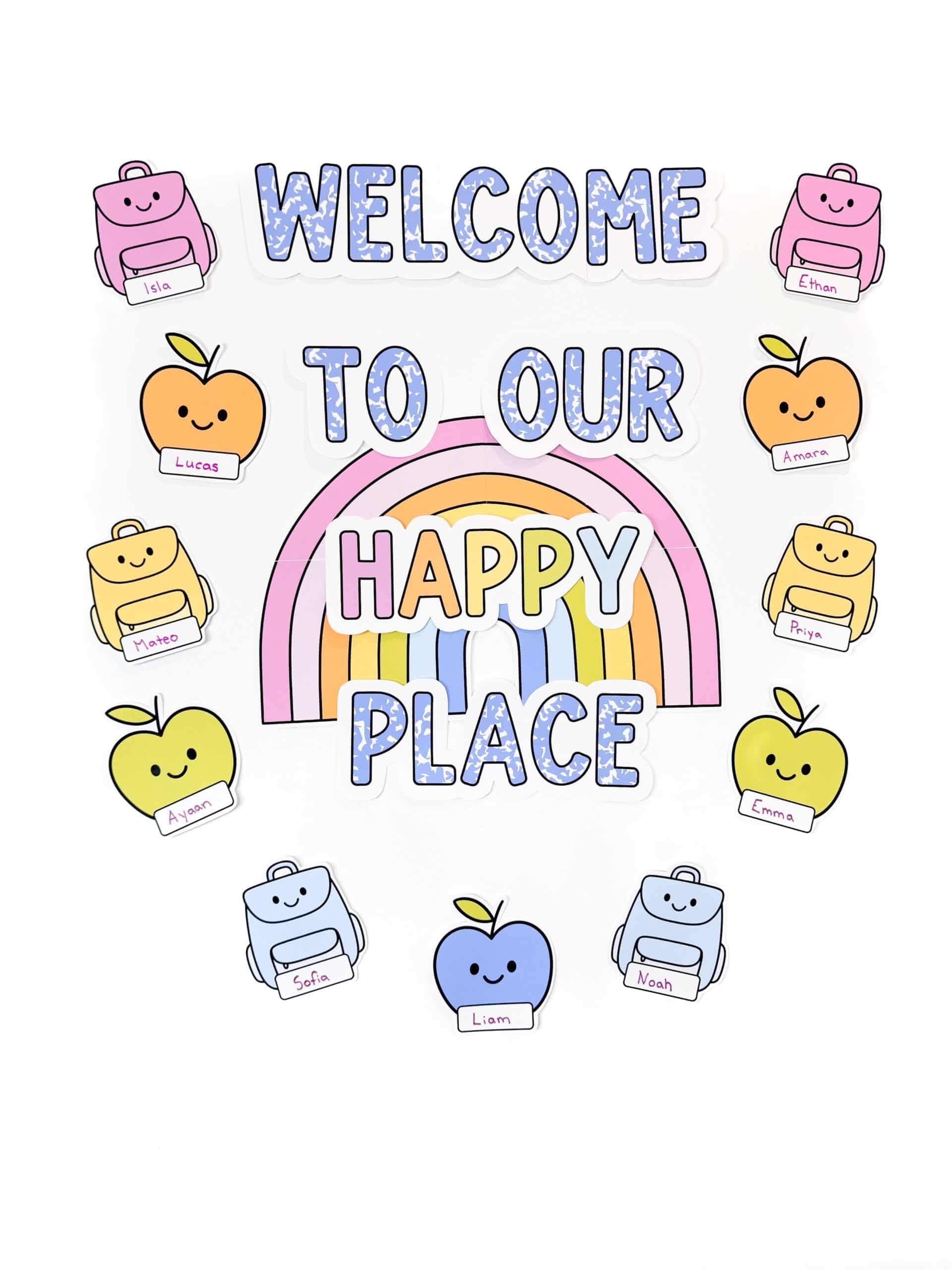 Bright classroom decor door decor with student templates in apples and backpacks with composition letters that say welcome to our happy place