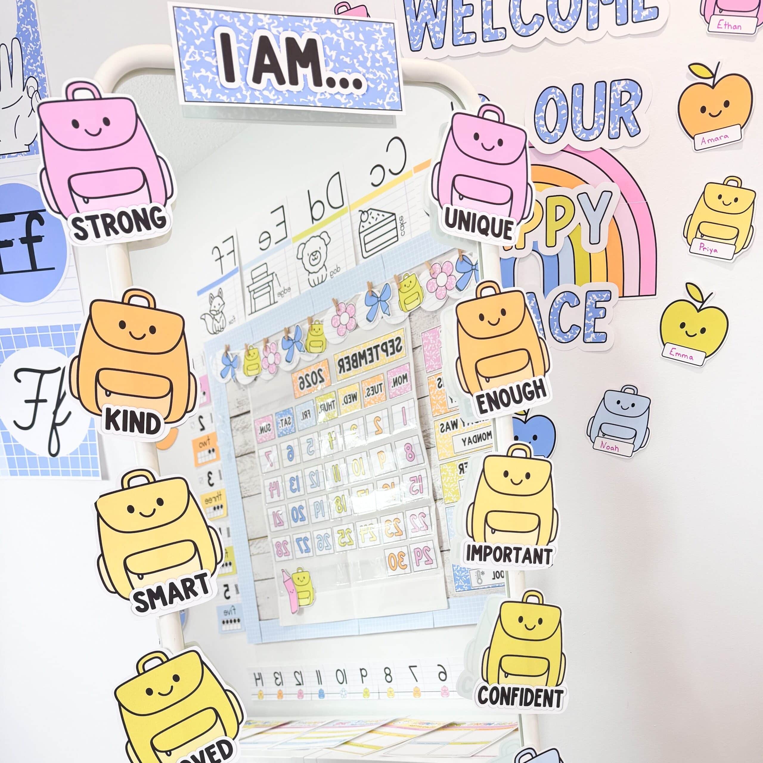 bright classroom decor affirmation station with little backpacks around the mirror
