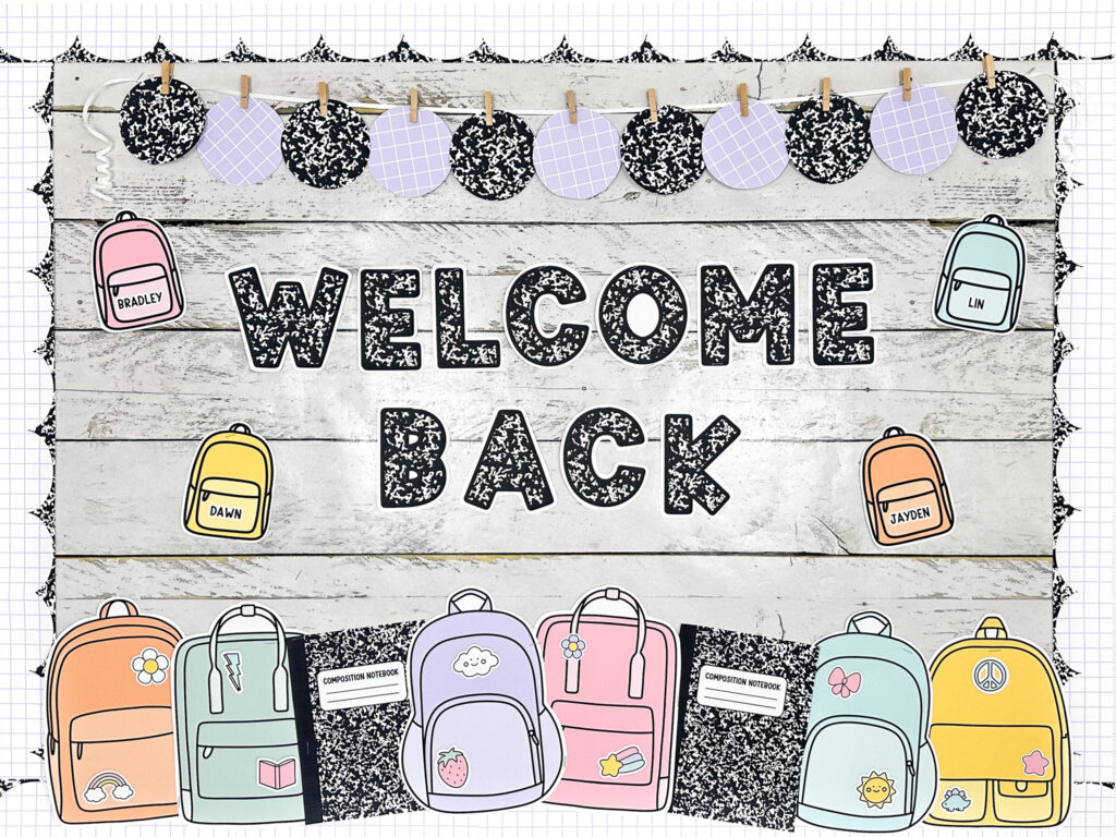 Welcome back bulletin board matching the composition notebook classroom decor bundle