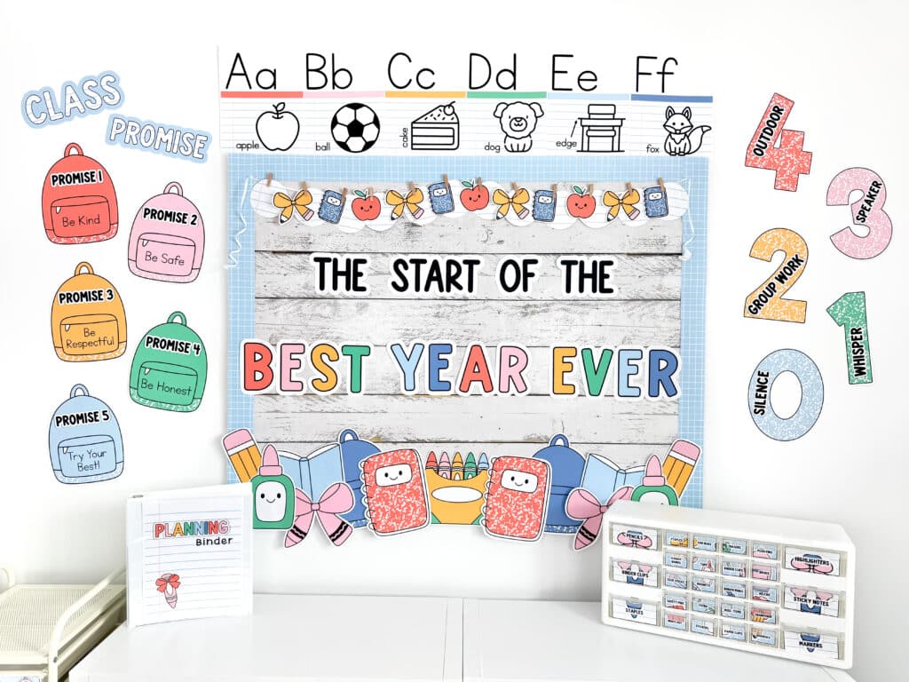 90s classroom decor - a bulletin board that says "the start of the best year ever"