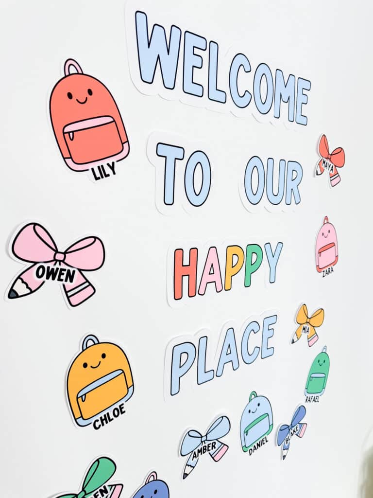 90s classroom decor - a welcome door that says welcome to our happy place