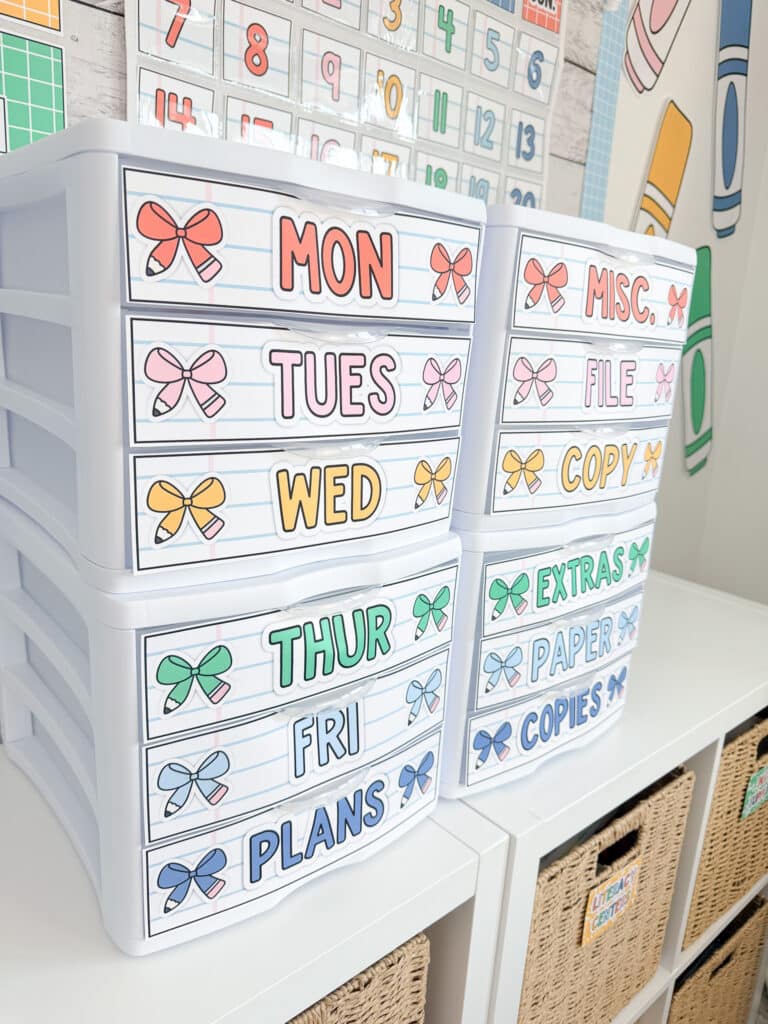 90s classroom decor - teacher drawers with labels