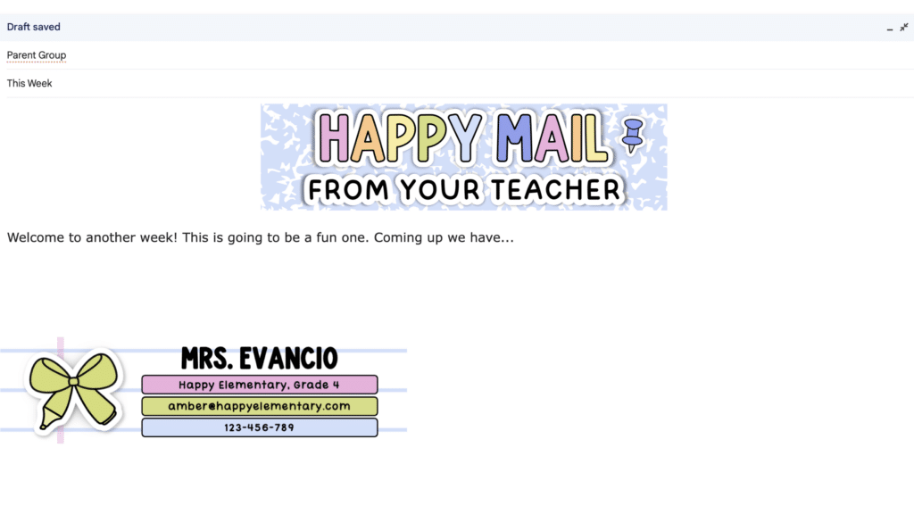a screenshot of an email showing a teacher email header and a teacher email signature