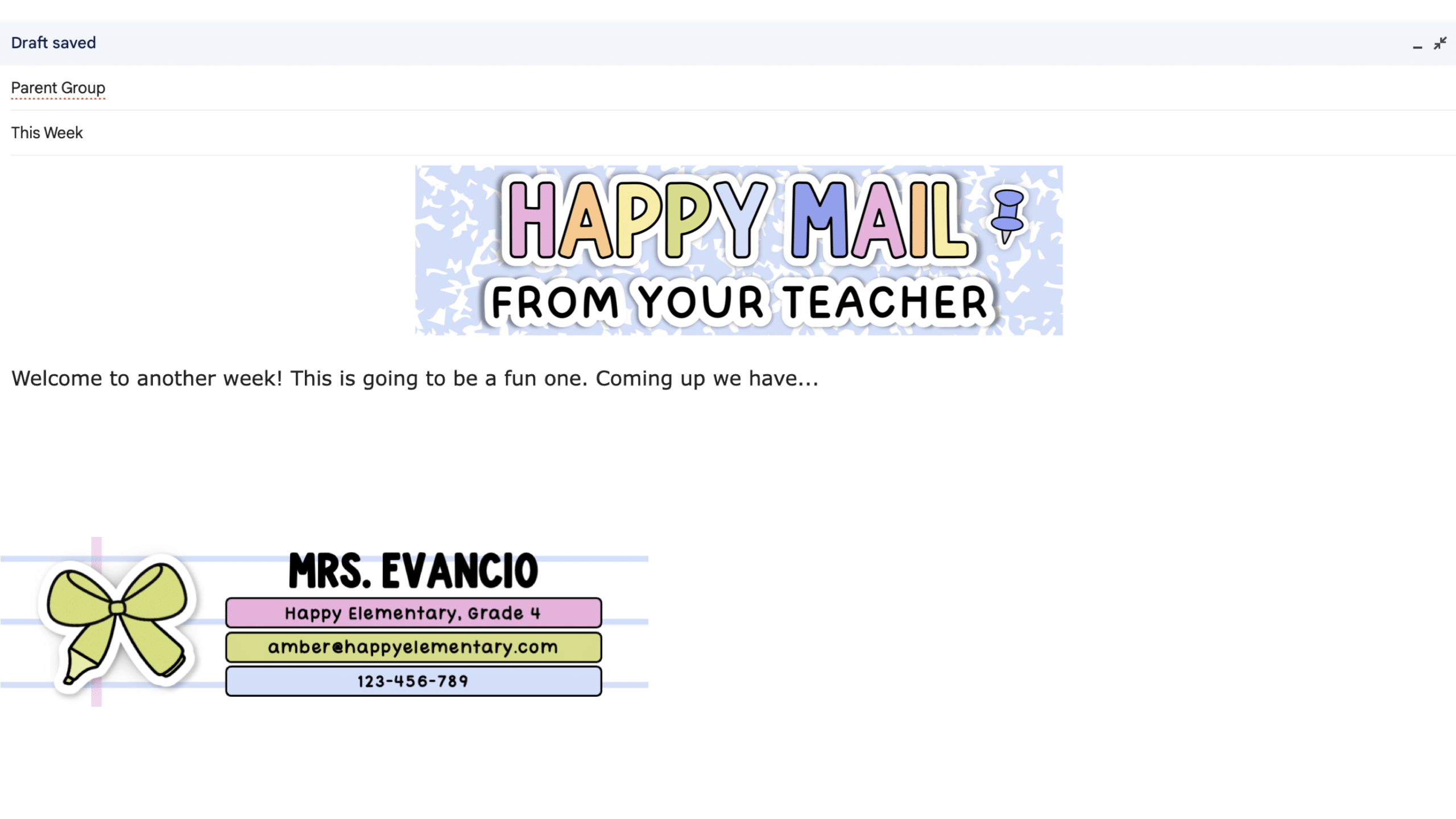 a screenshot of an email showing a teacher email header and a teacher email signature
