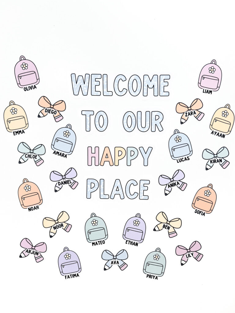 A welcome classroom door with pastel decor, backpacks with student name tags