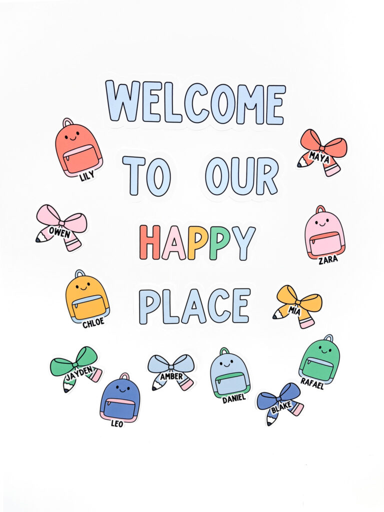 A welcome classroom door with bright and classic decor, backpacks and pen bows with student name tags