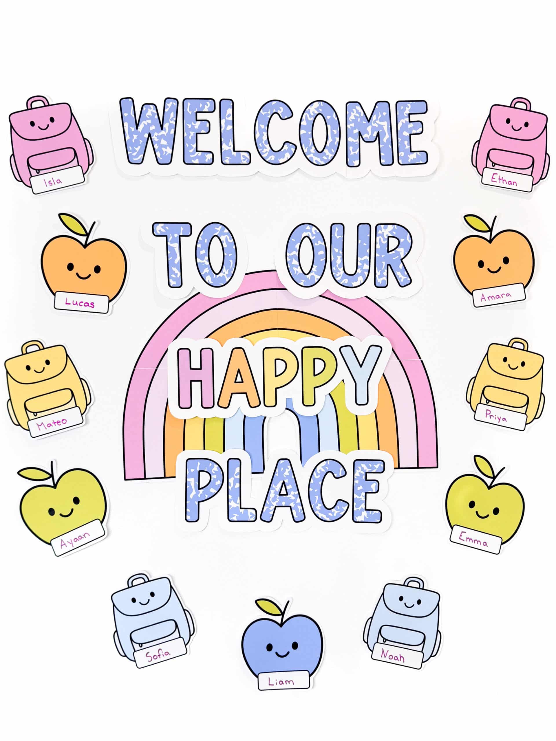 A welcome classroom door with bright decor, apples and backpacks with student name tags