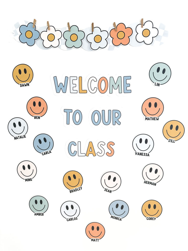 A welcome classroom door with boho decor, smileys with student name tags