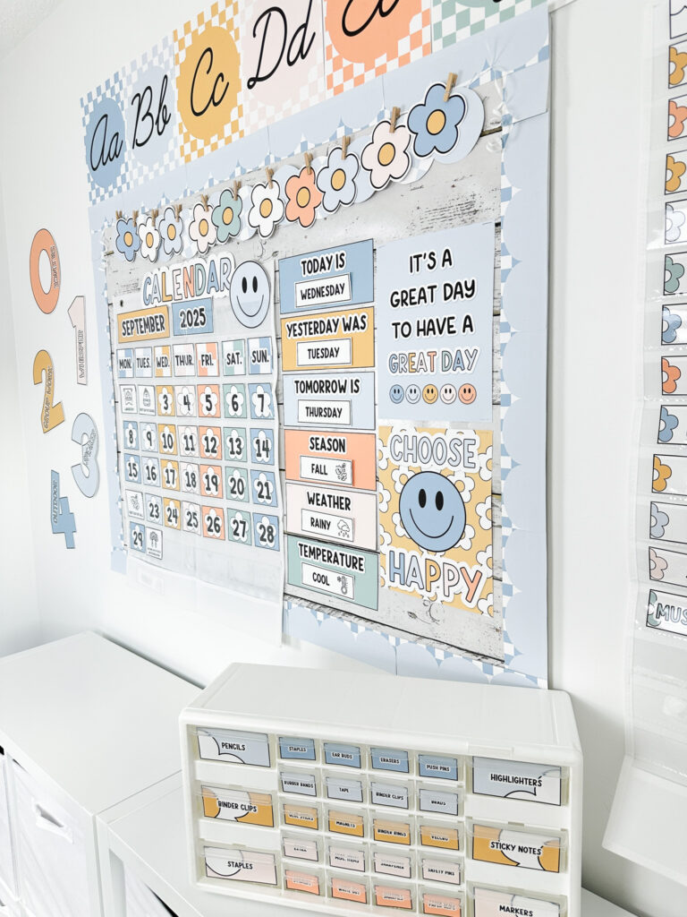 fun boho classroom theme bulletin board with calendar