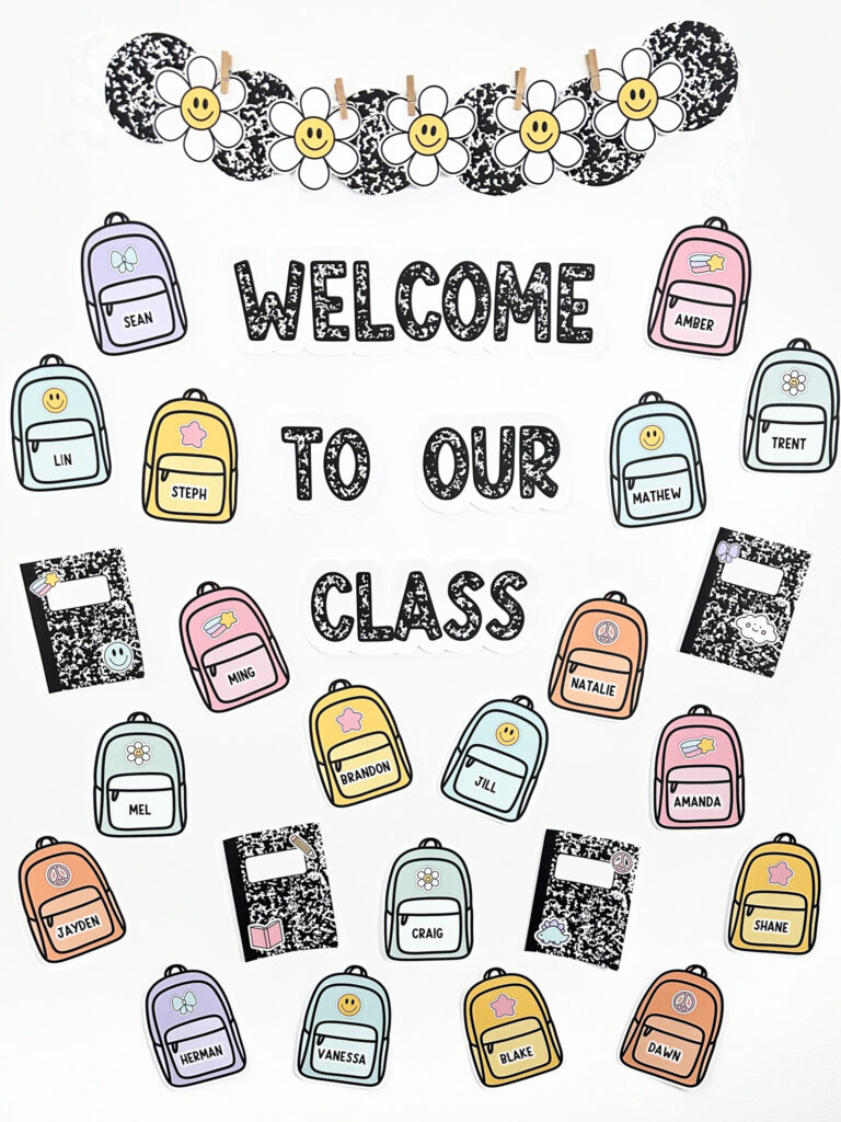 A welcome classroom door with composition notebook decor, backpacks with student name tags