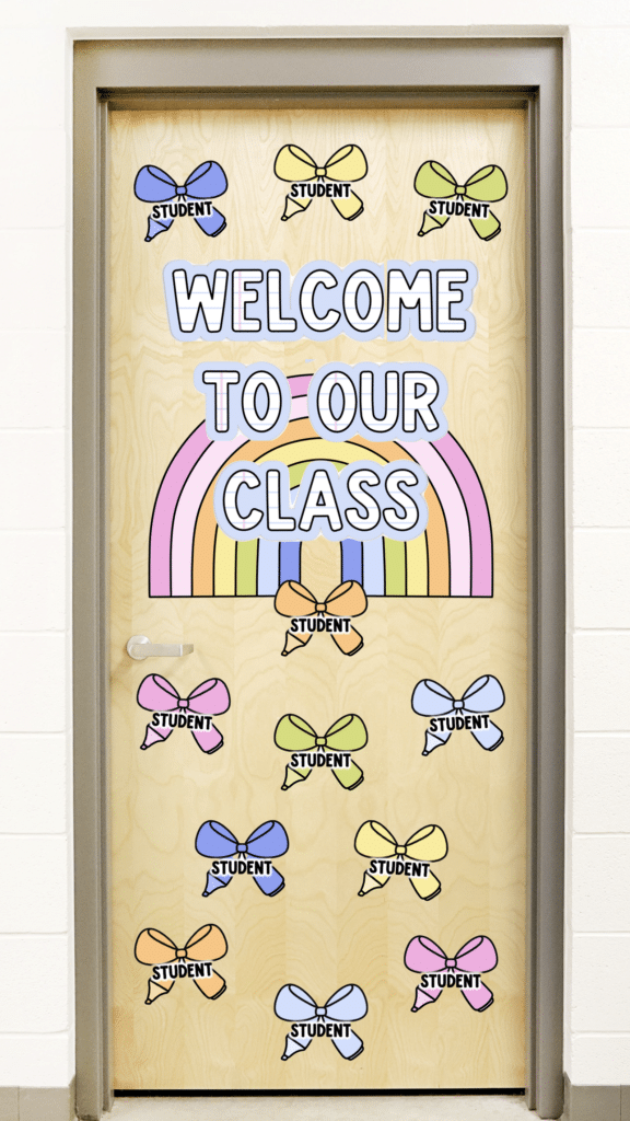 A welcome classroom door with bright decor