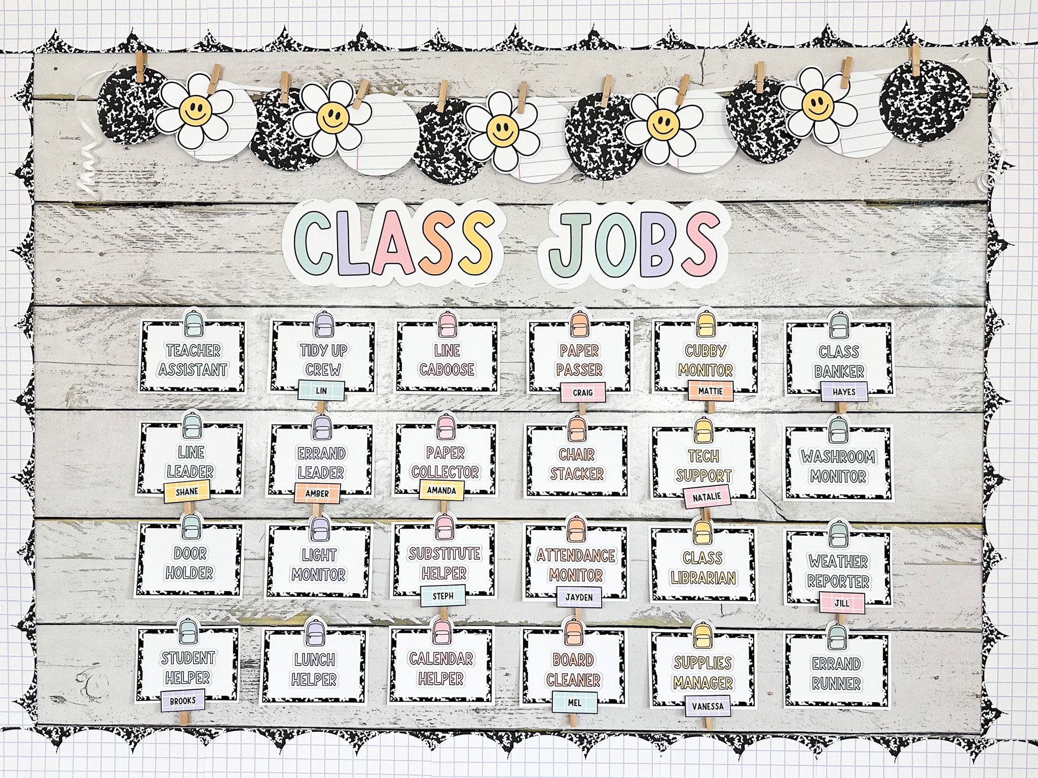 Photo showing classroom jobs display in a classroom with composition notebook classroom job tags and student names