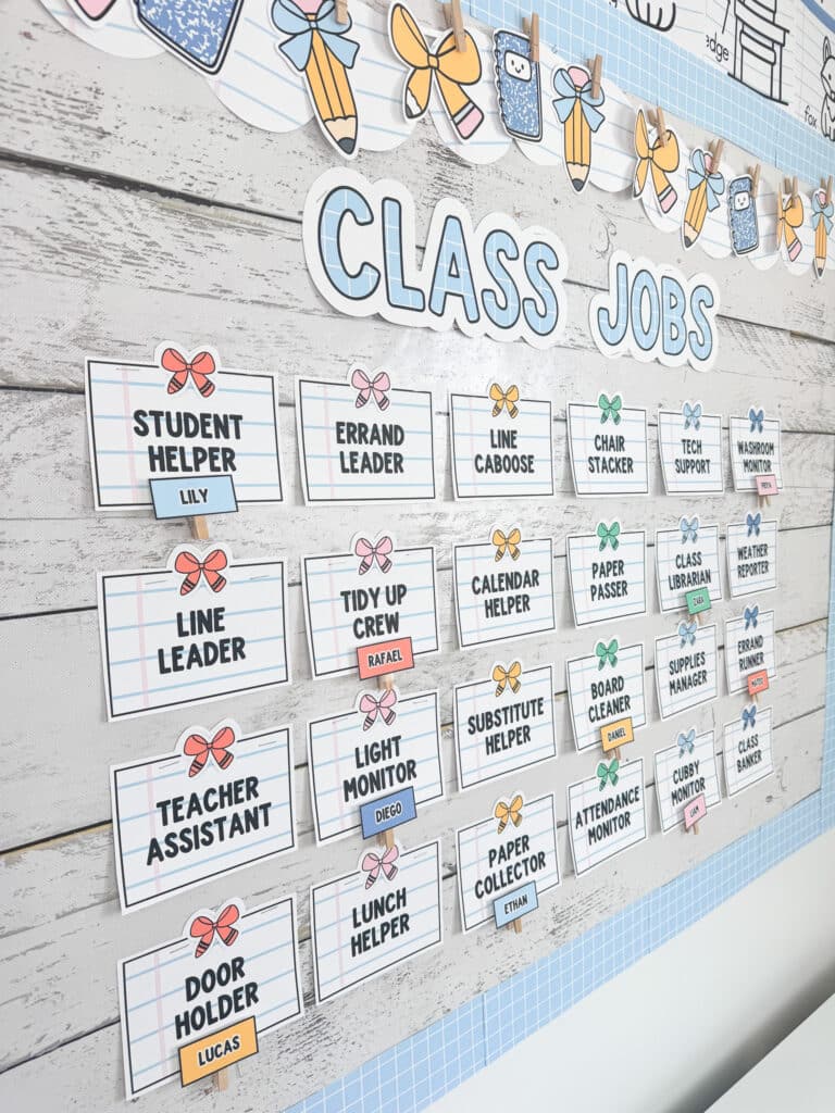 Photo showing classroom jobs display in a classroom with bright classroom job tags and student names