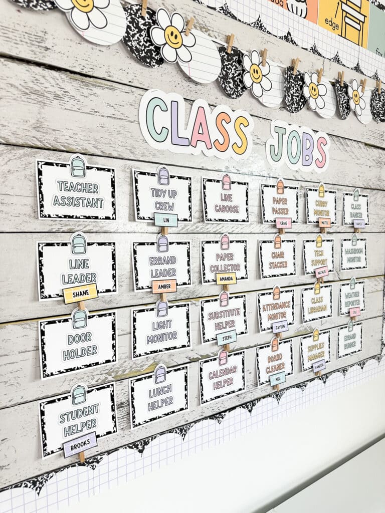 Photo showing classroom jobs display in a classroom with composition notebook classroom job tags and student names