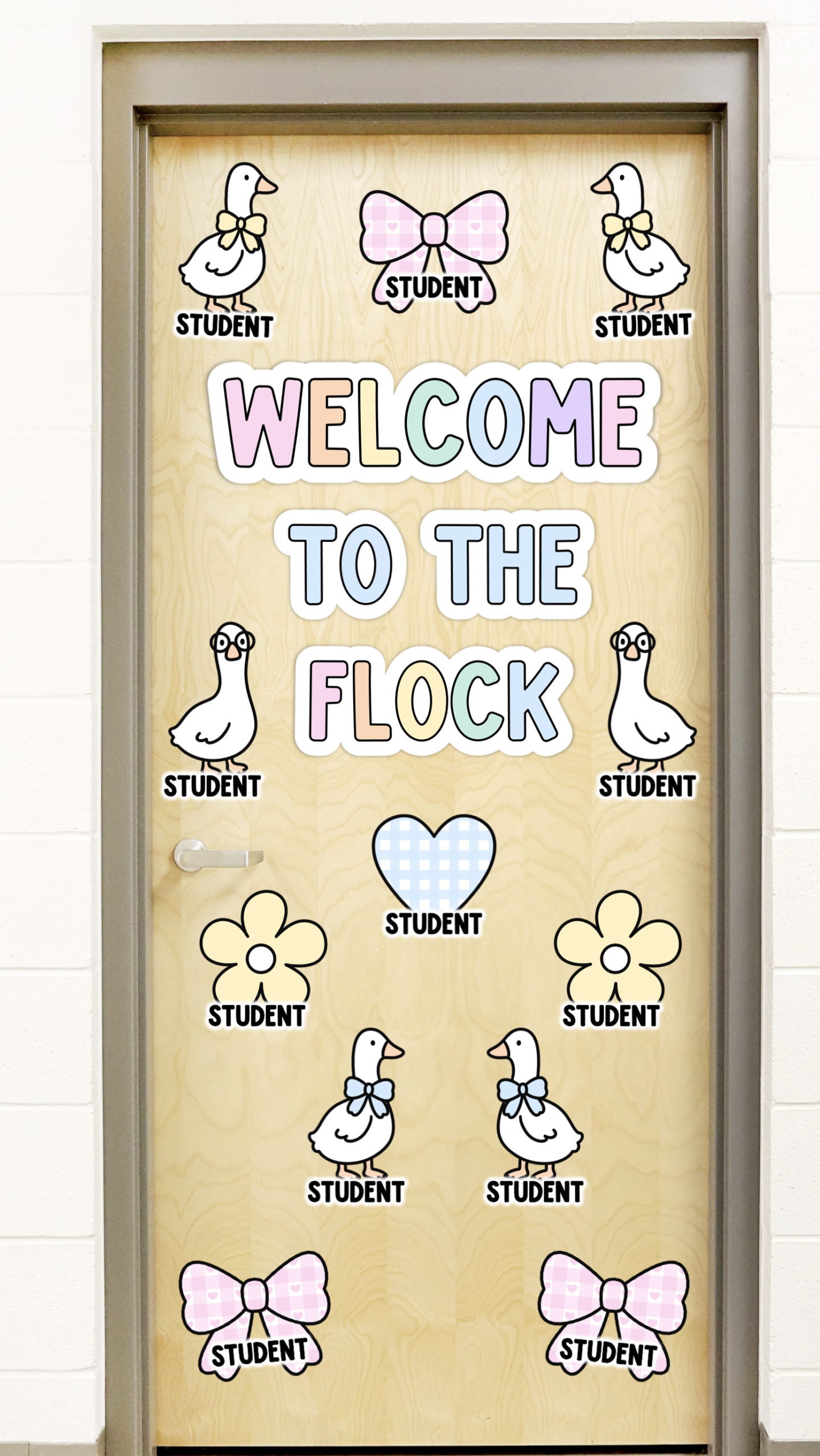 A welcome classroom door with pastel decor