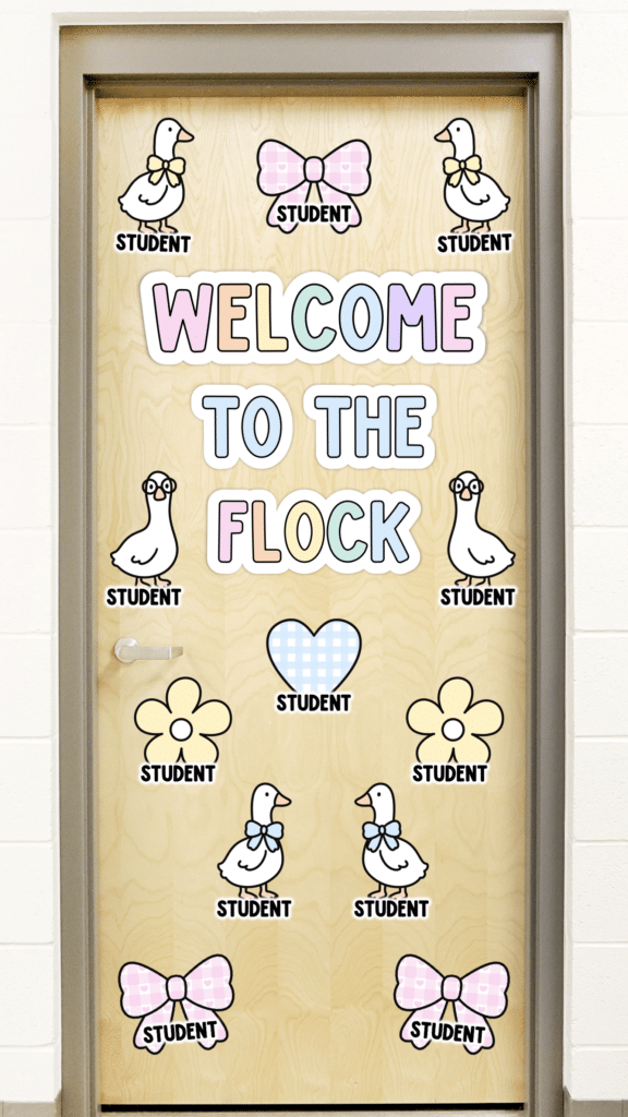 A welcome classroom door with pastel decor