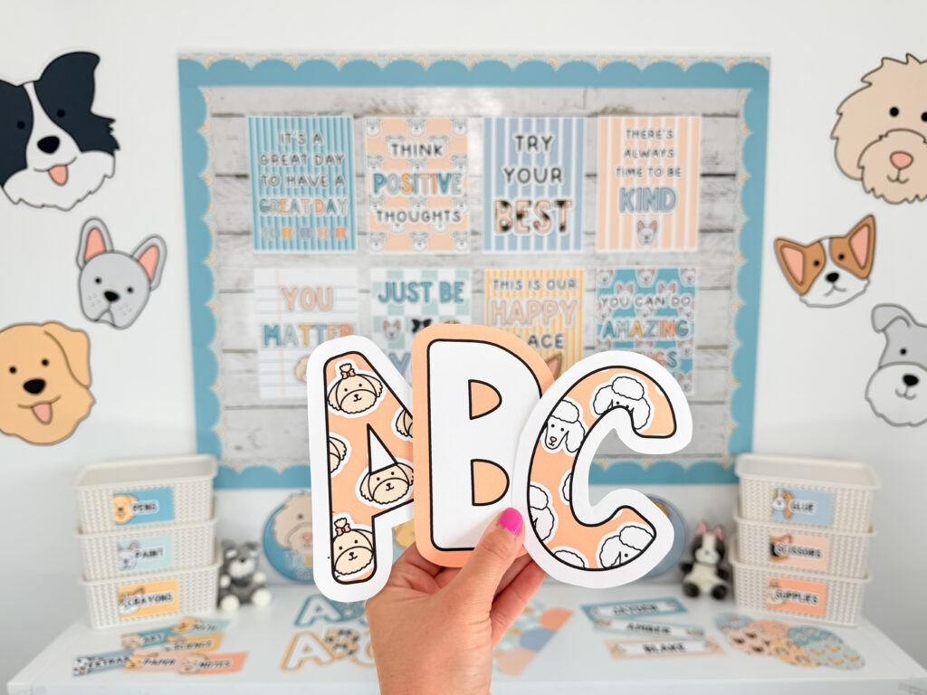 a dog classroom theme classroom decor, bulletin board letters with boho classroom colours