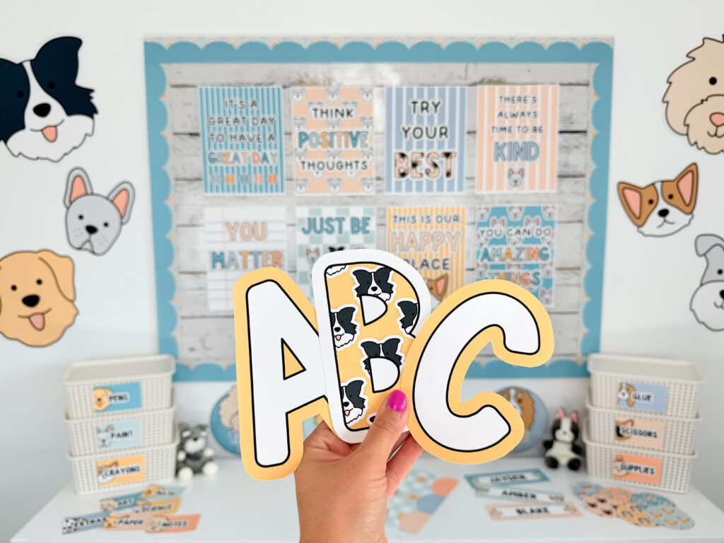 a dog classroom theme classroom decor, bulletin board letters with boho classroom colours