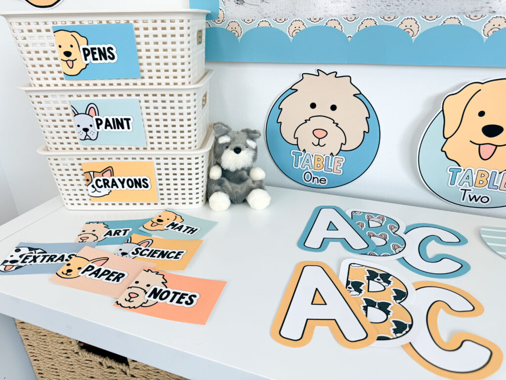 a dog classroom theme classroom decor, with classroom labels, bulletin board letters, table numbers and more