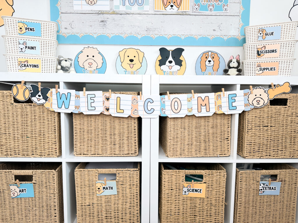 a dog classroom theme classroom decor, a welcome banner with dogs
