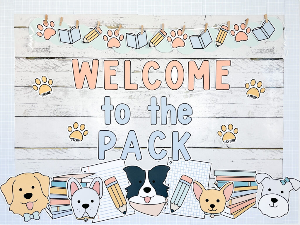 a dog classroom theme with a bulletin board saying "welcome to the pack" with school supplies and dogs
