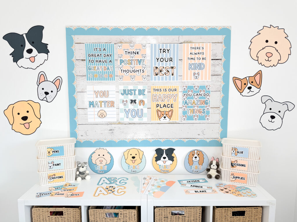 a dog classroom theme classroom decor, bulletin board with dog posters and large dogs