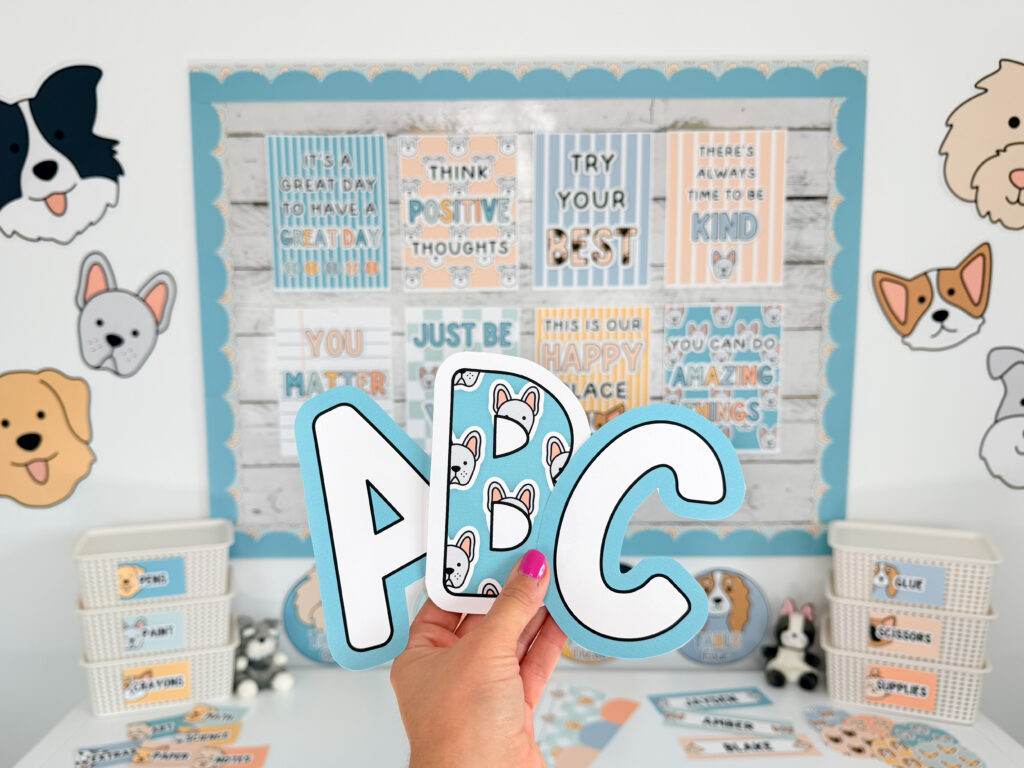 a dog classroom theme classroom decor, bulletin board letters with boho classroom colours