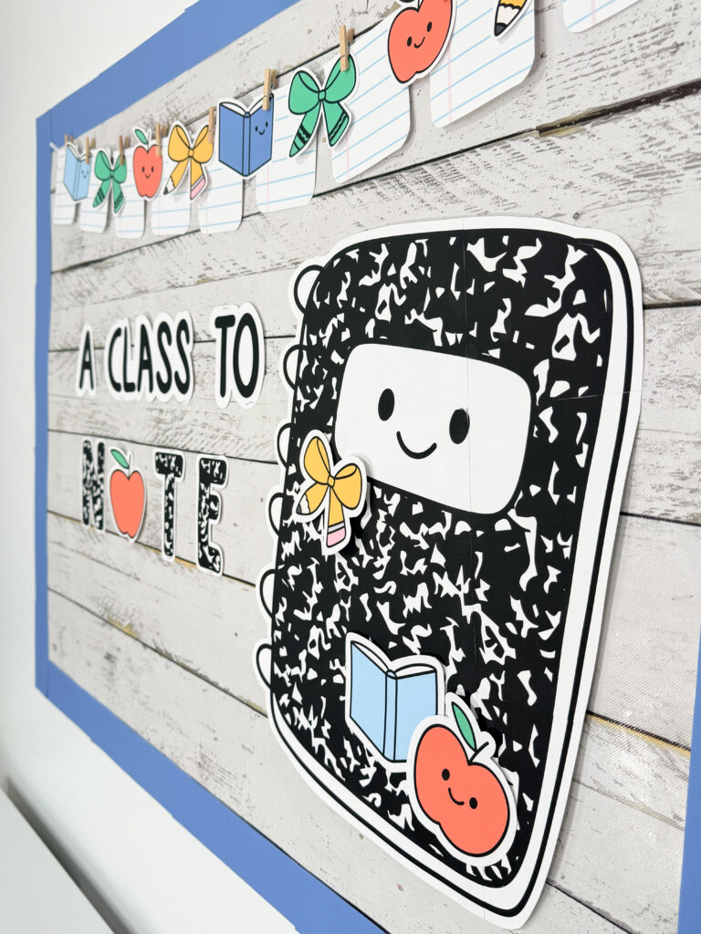 composition notebook classroom decor with seasonal stickers and autumn bulletin board pieces