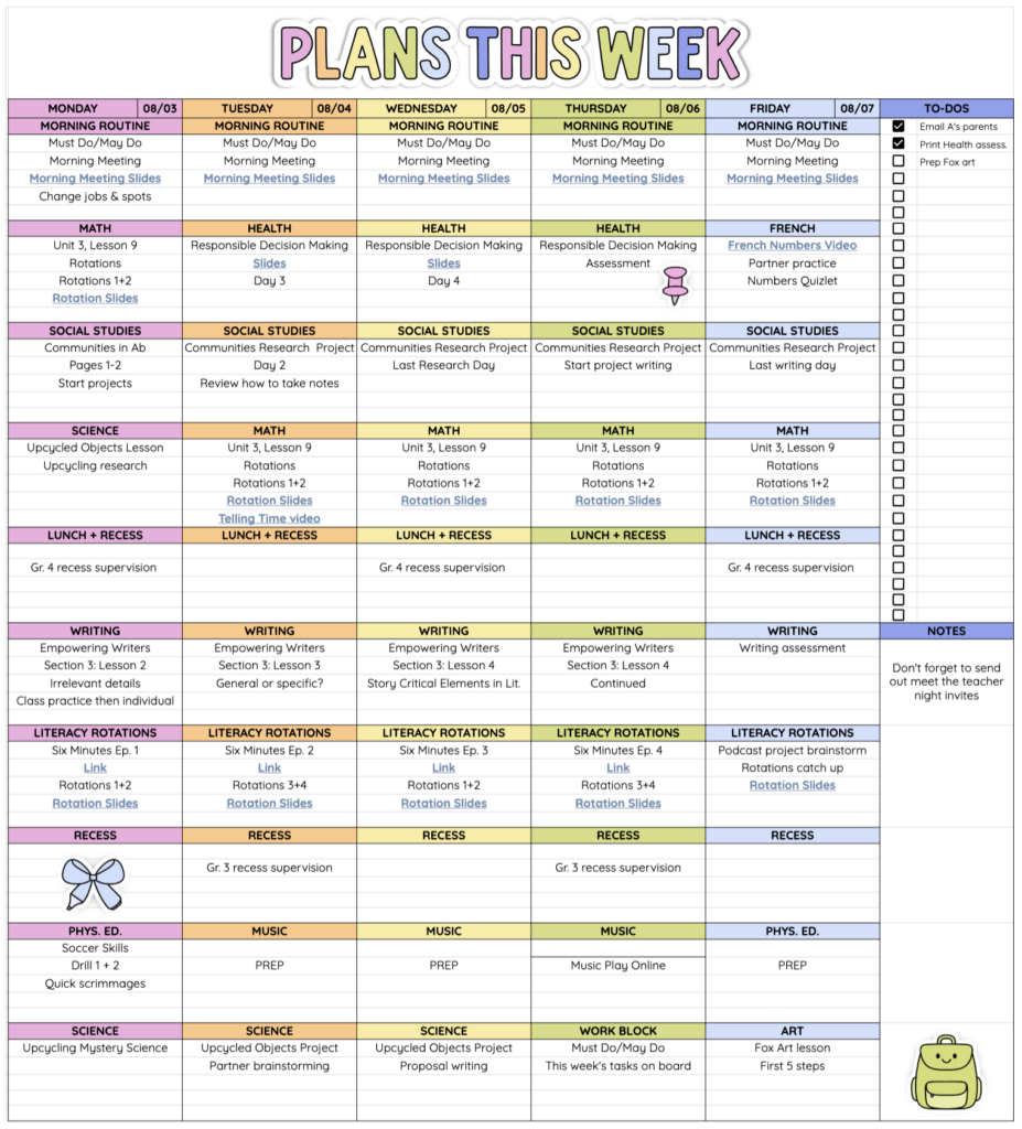 Google Sheets lesson planner showing an editable weekly planning template